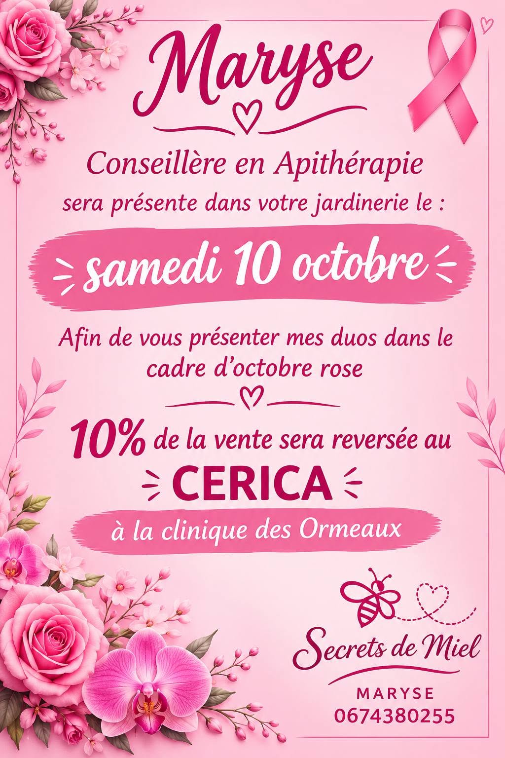Maryse, conseillère en apithérapie sera présente aujourd&rsquo;hui à l&rsquo;occasion d&rsquo;octobre Rose. Nous l&rsquo;accompagnons avec nos c…
